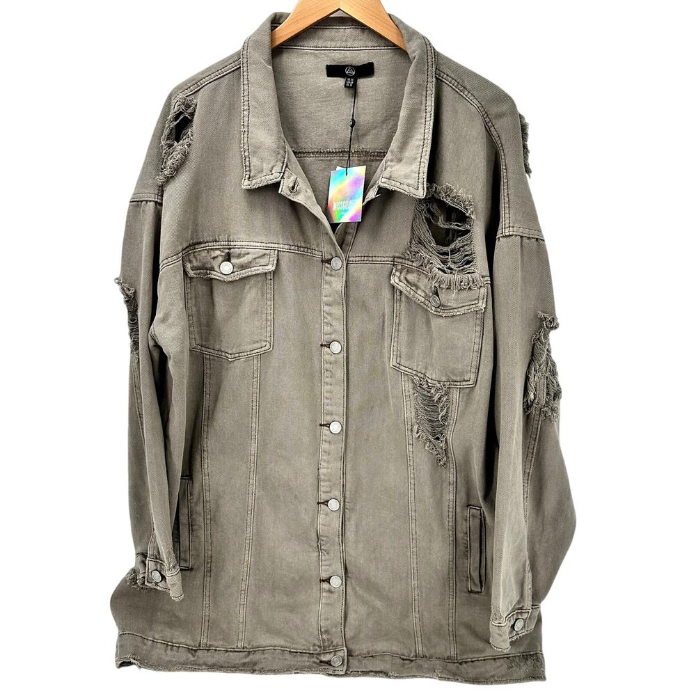Missguided Jean Jacket Womens 16 Taupe Distressed Long Denim Grunge NEW